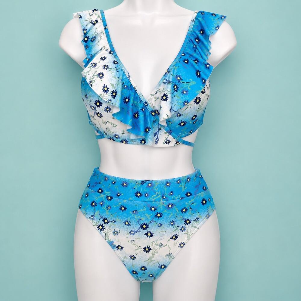 NWT Aerie Abstract Blue Daisy Floral Top & Bottoms Swimwear Bundle Size L